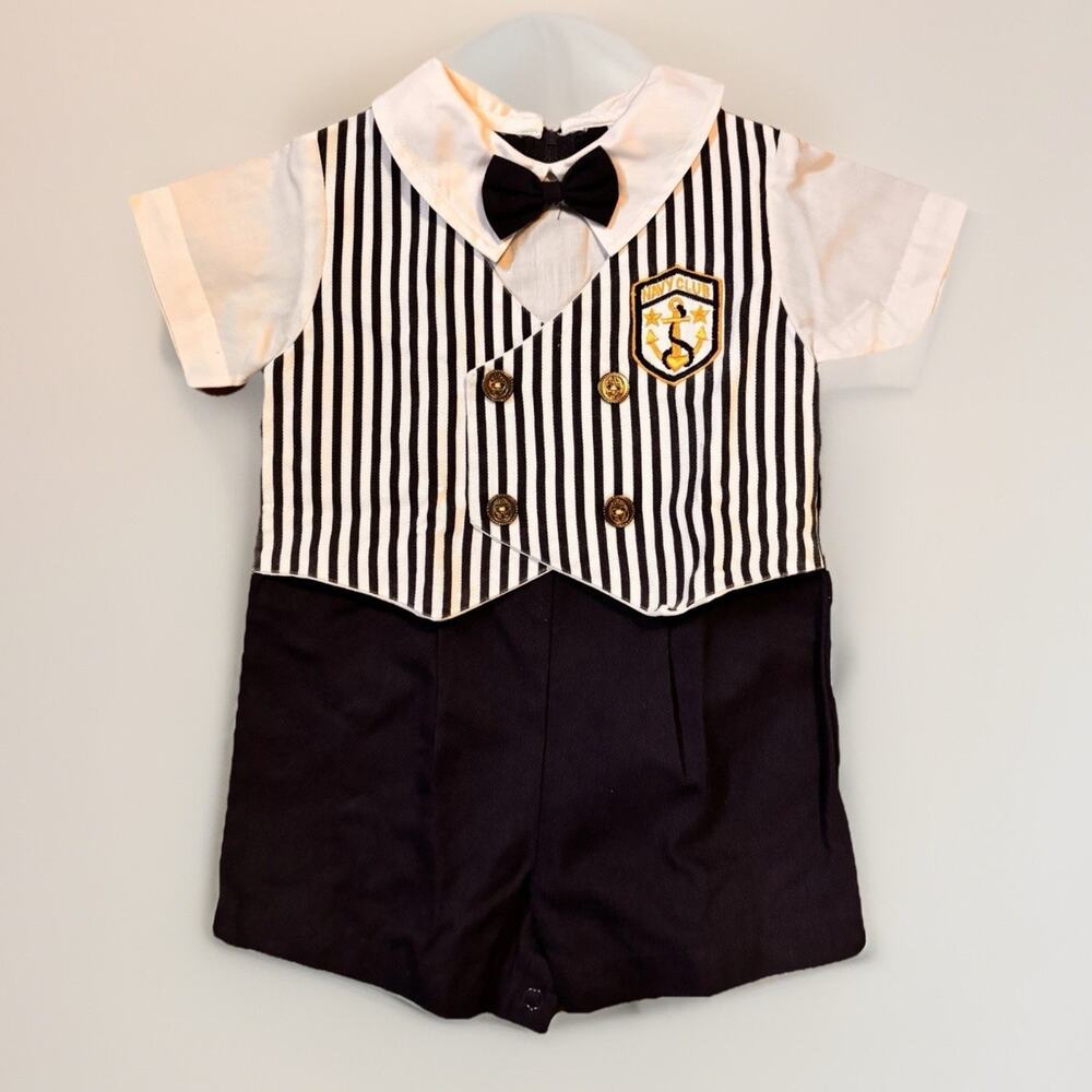 Vintage Baby Boys Navy Sailor Romper 12 Months Nautical Anchor Outfit One Piece